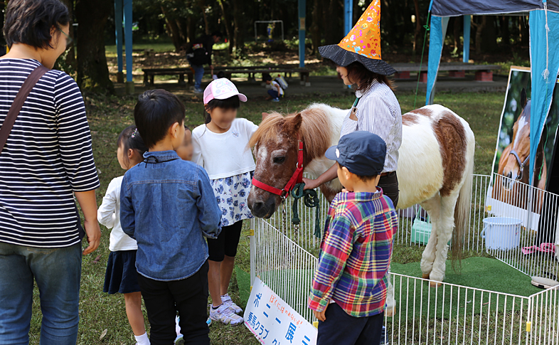 ポニーとふれあうお子さまたち