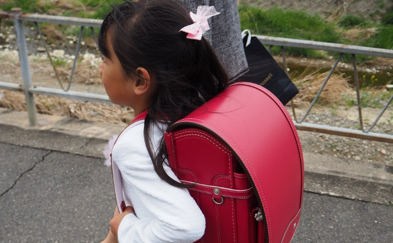 ローズピンクのランドセルを背負って道路を歩く女の子