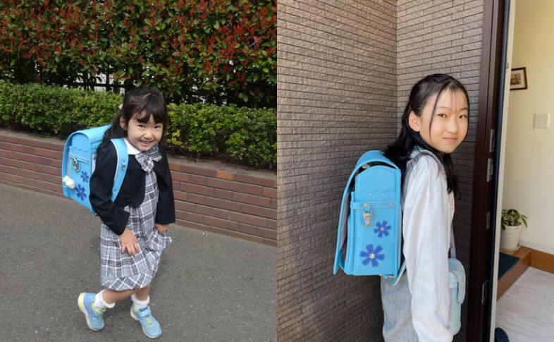水色ランドセルを背負う女の子 1年生と6年生比較