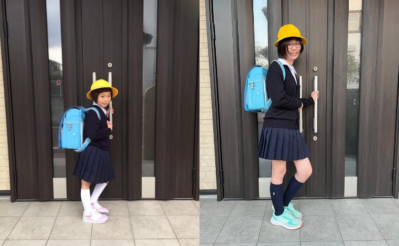 水色のランドセルを背負った1年生の時と6年生の時の比較