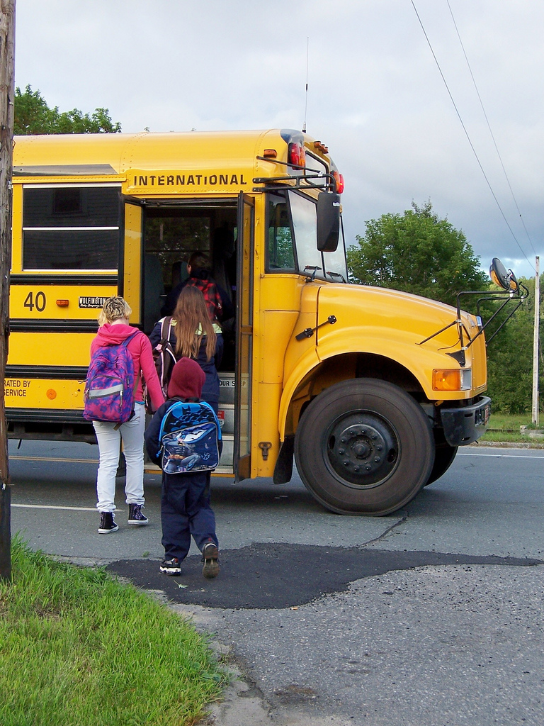 https://www.flickr.com/photos/mrsmaxspix/3877248167 lori05871 Getting on the bus for the first ride in the first grade school season. Creative commons 2.0